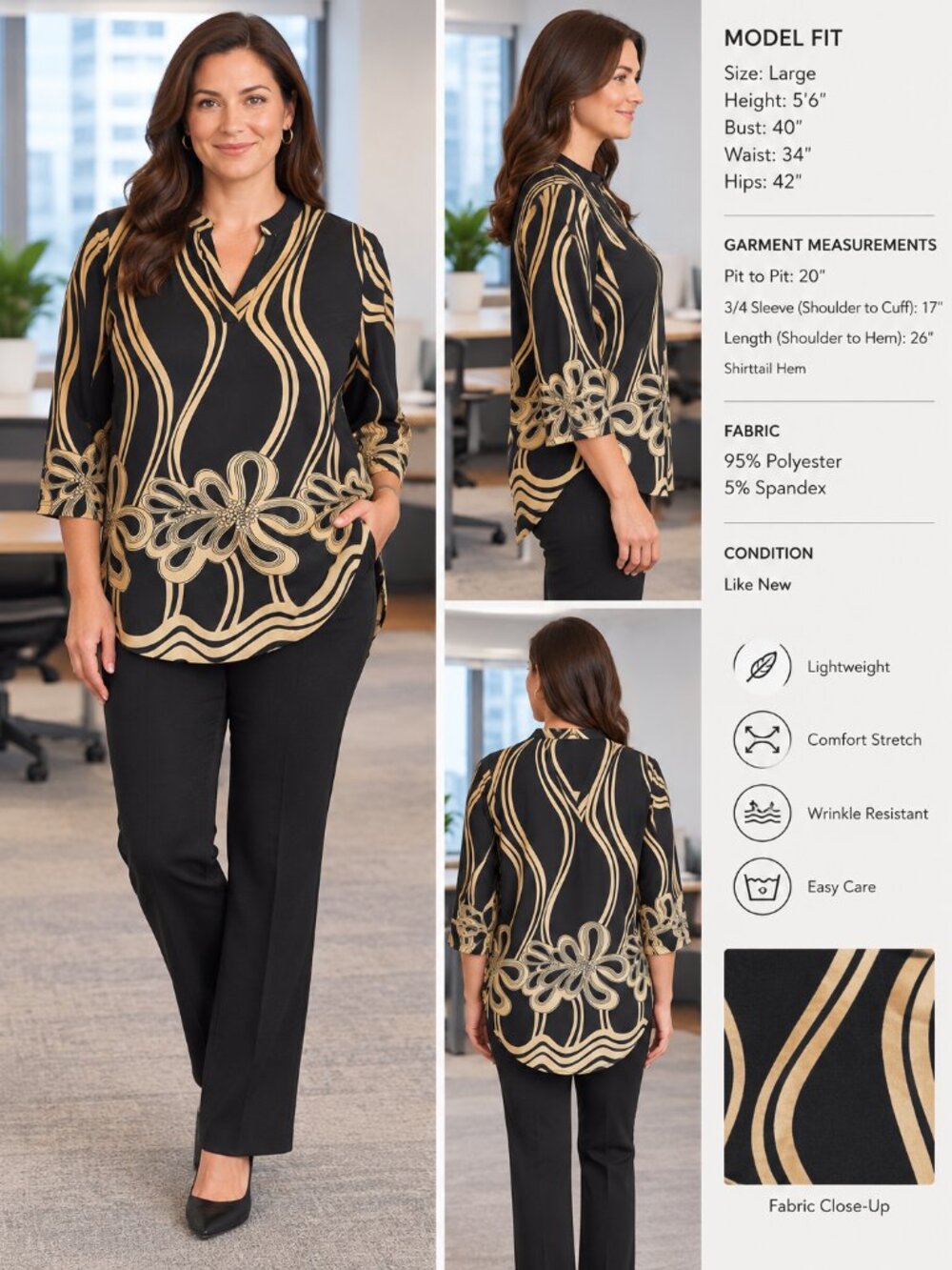 Baishenggt Black & Gold Patterned Blouse –Size Large, 3/4 Sleeve, Shirttail Hem